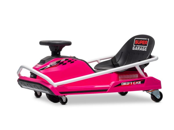 Kart Drifting 24V, roz, motor fără perii de 300W, baterie litiu, mod Drift cu viteză de 14 km/h, construcție din fier masiv, centură de siguranță, scaun sport, volan multifuncțional