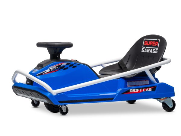 Kart Drifting 24V, albastru, motor fără perii de 300W, baterie litiu, mod Drift cu viteză de 14 km/h, construcție din fier masiv, centură de siguranță, scaun sport, volan multifuncțional