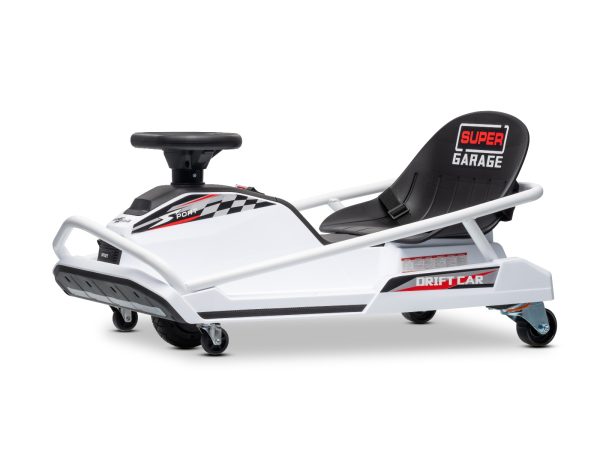 Kart Drifting 24V, alb, motor fără perii de 300W, baterie litiu, mod Drift cu viteză de 14 km/h, construcție din fier masiv, centură de siguranță, scaun sport, volan multifuncțional