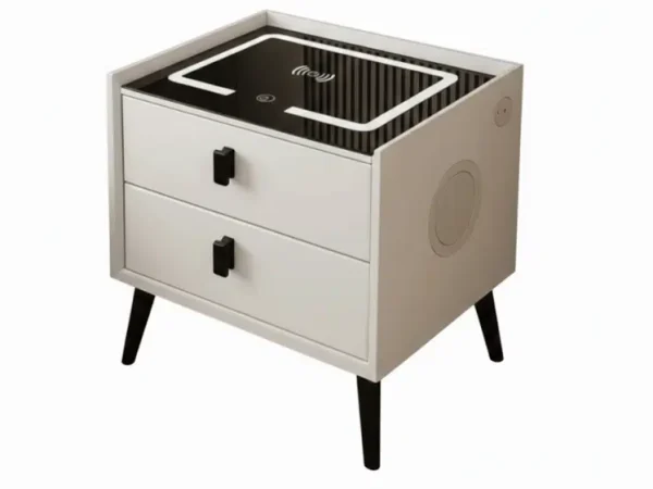 Noptiera inteligenta cu incarcare wireless, lumini LED reglabile, difuzore Bluetooth, 2 sertare de depozitare, alb