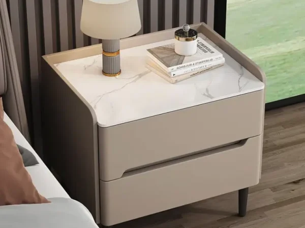 Noptieră Modernă cu Blat Aspect Marmură și 2 Sertare, Bej/Taupe