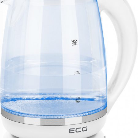 Cana electrica fierbator din sticla RK 2020 alba, 2 L, 2200 W, lumina albastra de fundal