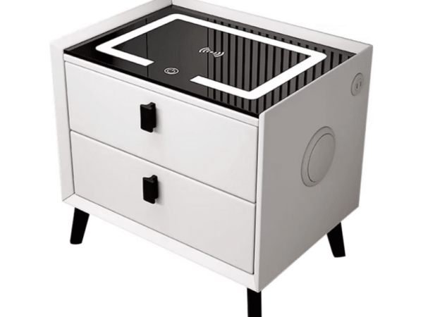 Noptiera inteligenta cu incarcare wireless, lumini LED reglabile, difuzore Bluetooth, 2 sertare de depozitare