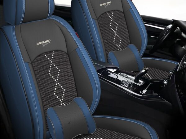 Huse auto premium 5 locuri Carguard Deluxe piele ecologică perforată și textil - negru - albastru închis