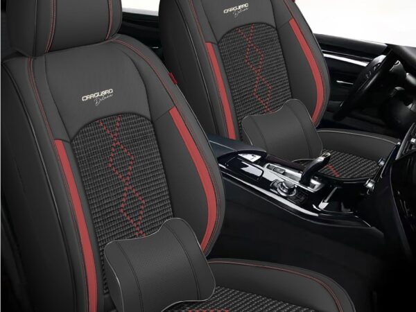 Huse auto premium 5 locuri Carguard Deluxe piele ecologică perforată și textil - negru - rosu închis