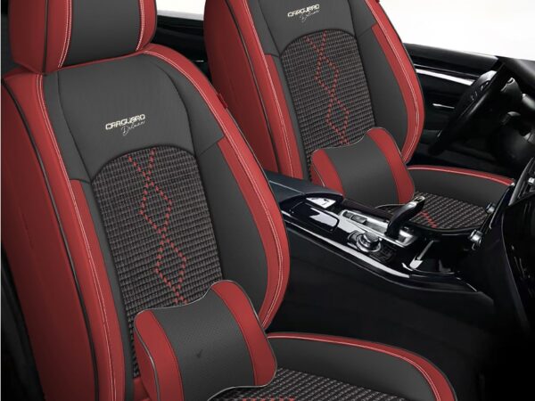 Huse auto premium 5 locuri Carguard Deluxe piele ecologică perforată și textil - roșu închis - negru