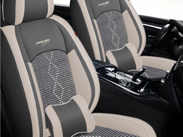 Huse auto premium 5 locuri Carguard Deluxe piele ecologică perforată și textil  - gri deschis - gri inchis