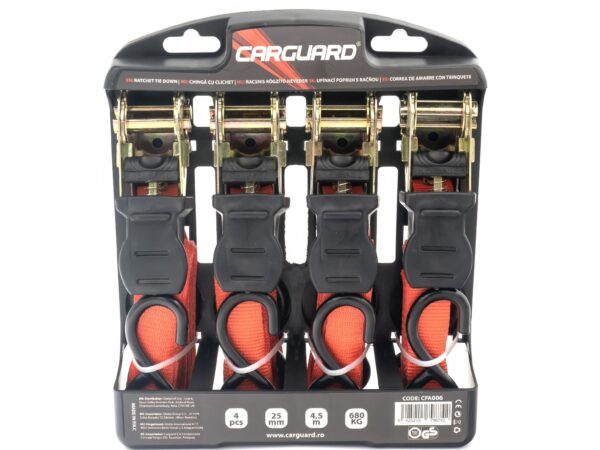 Set 4 chingi cu clichet, rezistent la 680 kg/chingă, TUV/GS – 25 mm × 4.5 m – 680 kg - Carguard - calitate și siguranță garantată!